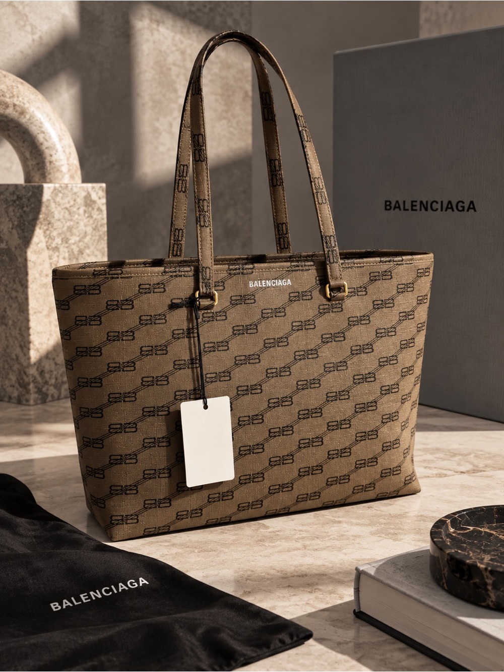 BALENCIAGA Brown and Black Monogram Jacquard Tote NEW